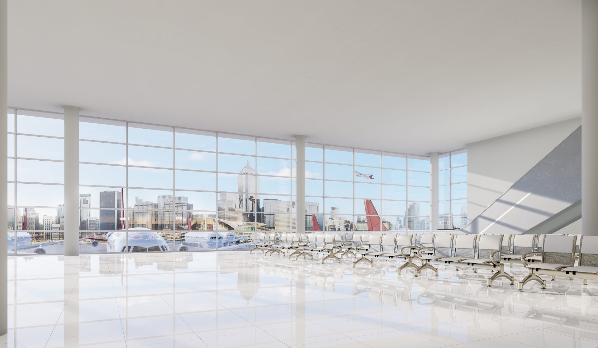 Modern style empty airport terminal lounge with city view background 3d render