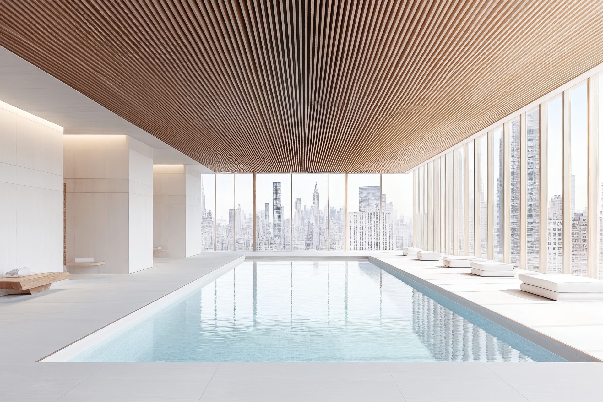 Modern indoor swimming pool with city skyline view and wooden ceiling.